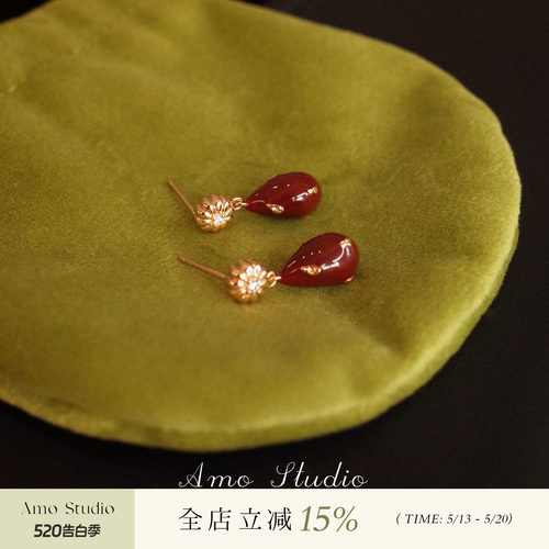 AMO红色滴釉花朵耳环显白高级感