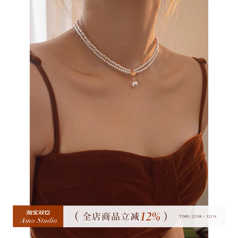 贝壳人造珍珠项链双层法式复古