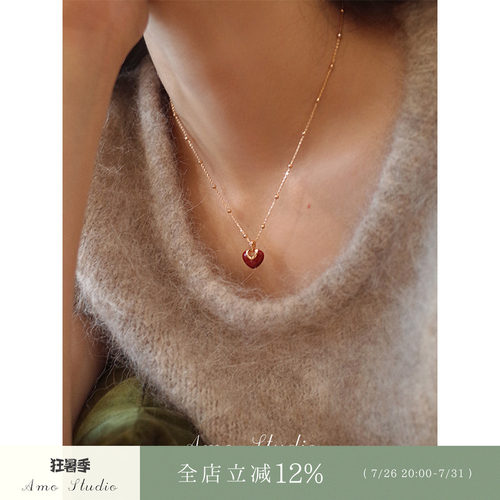 AMO红色爱心项链女复古甜美小众