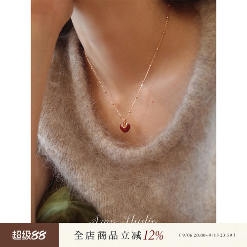 AMO红色爱心项链女复古甜美小众
