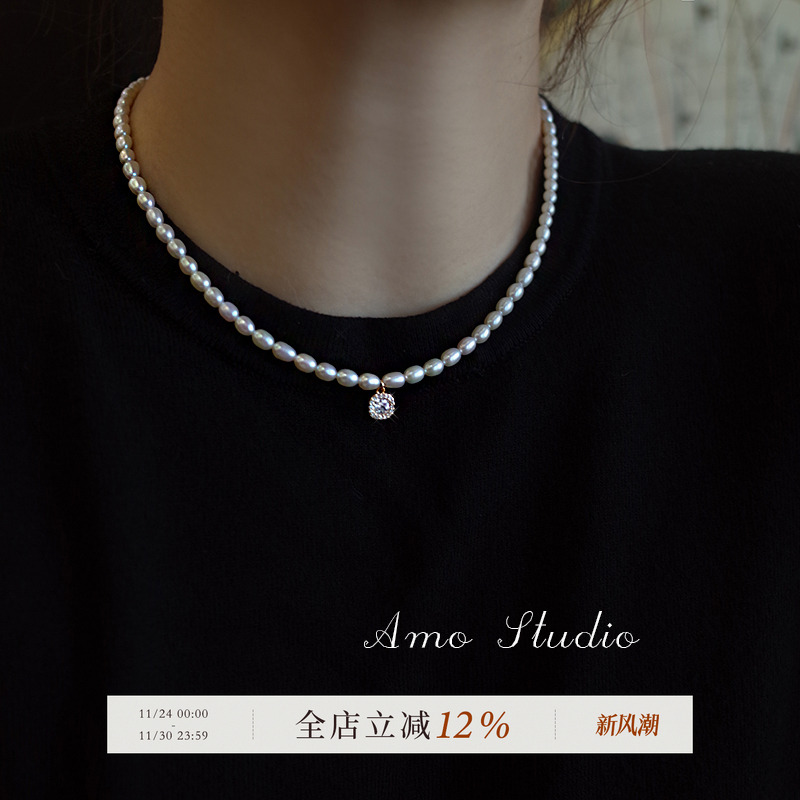 AMO水滴方块天然珍珠项链小众