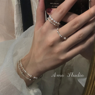 个性 AMO小碎银珍珠纯银戒指女轻奢小众设计高级感时尚 精致食指戒