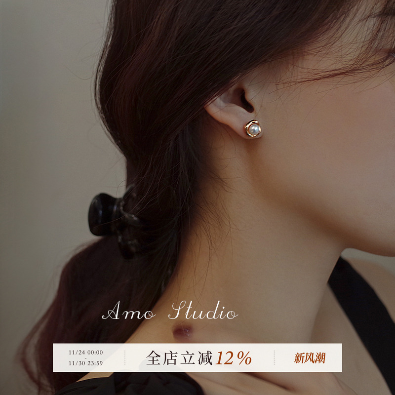 AMO天然珍珠方形耳环女简约气质
