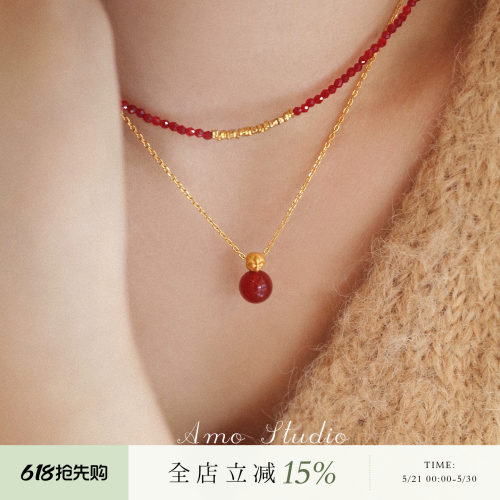 AMO天然红玛瑙项链女本命年国风