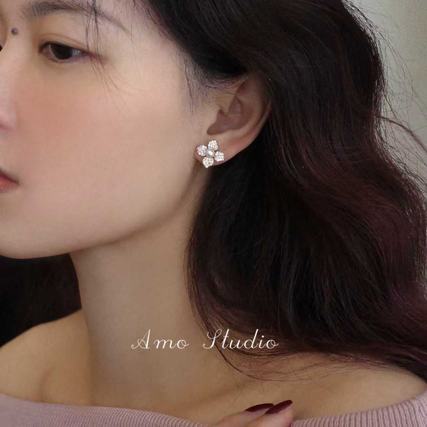 AMO满钻花朵人造珍珠耳环女法式
