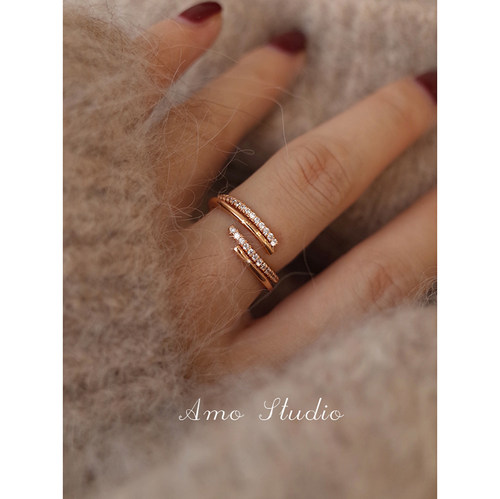 AMO交错闪钻戒指女纯银叠戴时尚