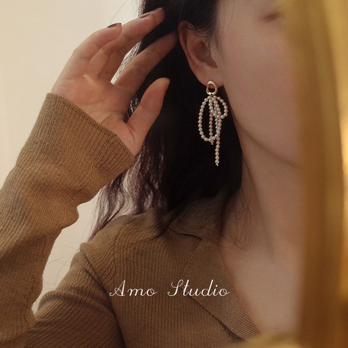 AMO珍珠耳环女多层流苏法式