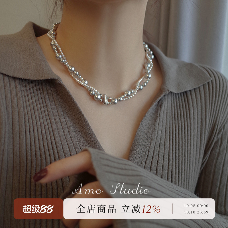 AMO人造珍珠项链女纯银双层复古