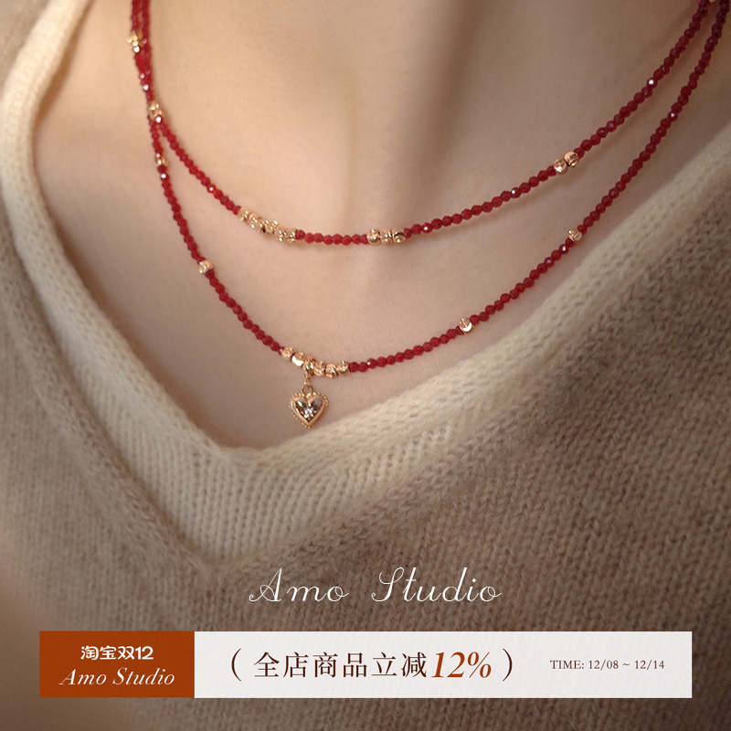 AMO红玛瑙芒星爱心项链小众显白