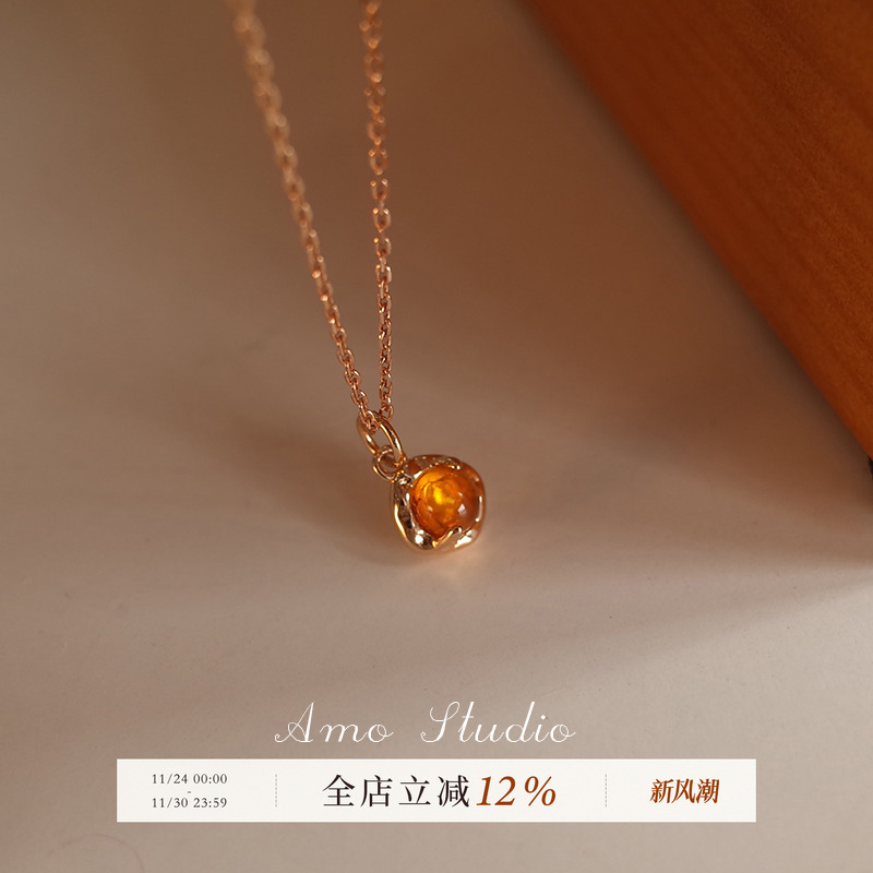 AMO合成琥珀项链女纯银轻奢复古