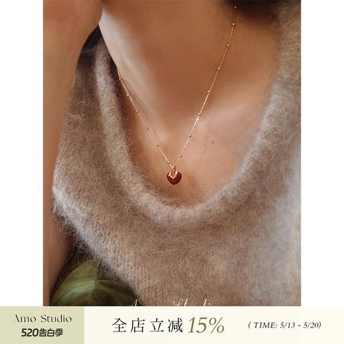 AMO红色爱心项链女复古甜美小众