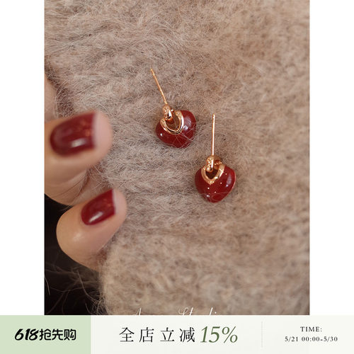 AMO红色爱心耳环女银针小众复古