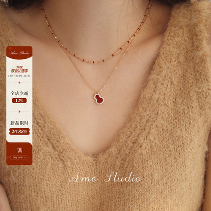 AMO小福禄复古新中式天然红玛瑙葫芦项链女显白红色本命年配饰