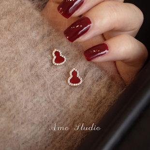AMO小福禄 国风耳环高级显白耳饰 天然红玛瑙葫芦耳钉女珠宝新中式