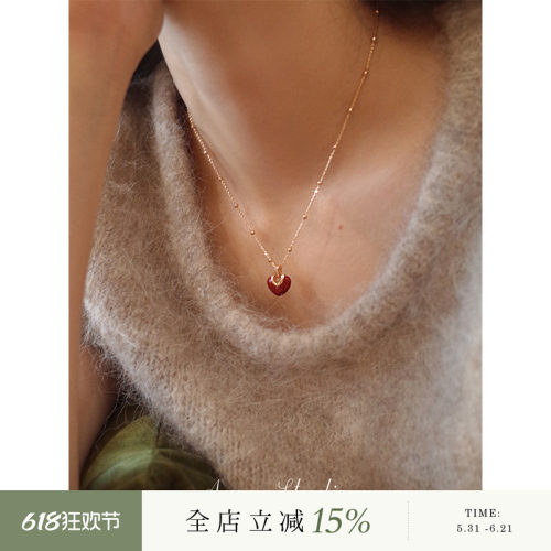 AMO红色爱心项链女复古甜美小众