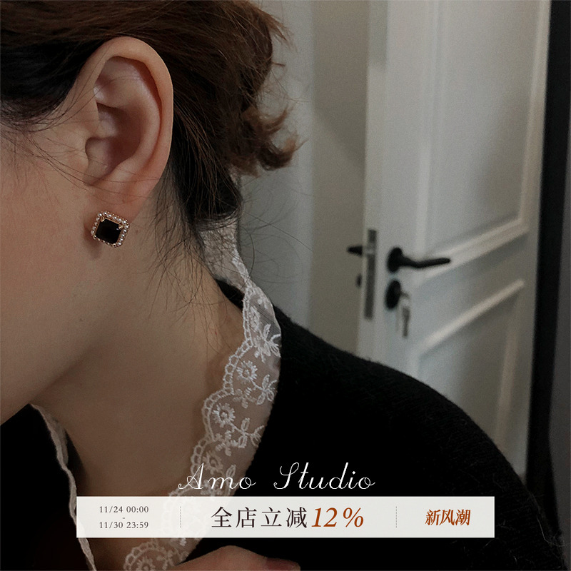 AMO黑玛瑙人造珍珠耳环复古港风