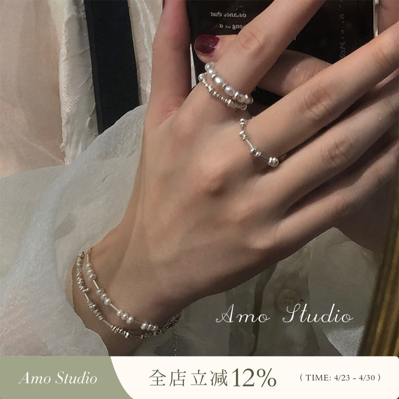 AMO小碎银天然珍珠纯银戒指女轻奢小众设计高级感时尚个性食指戒