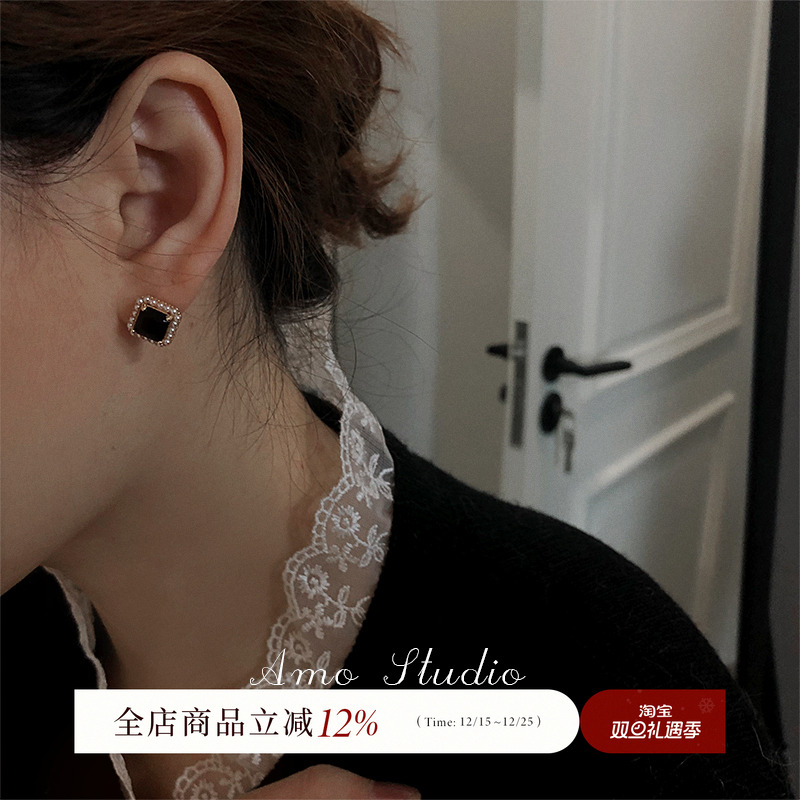 925银针耳饰高级感黑玛瑙迷你人造小珍珠复古港风耳钉耳环女耳夹