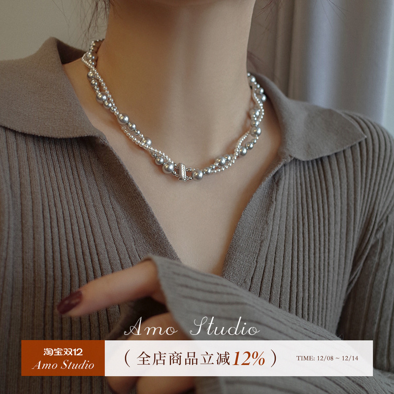 AMO人造珍珠项链女纯银双层复古