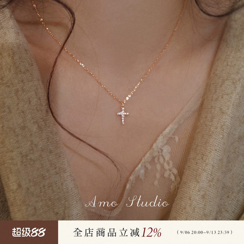 闪钻十字架纯银项链女小众个性