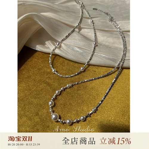 AMO碎银珍珠项链女纯银小众高级