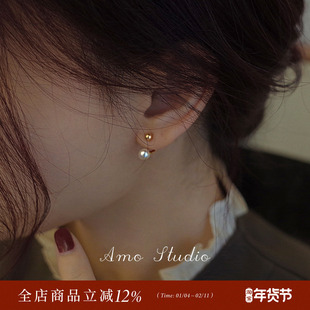 AMO金珠豆豆天然珍珠耳钉女银针轻奢小众设计耳环2025新高级耳饰