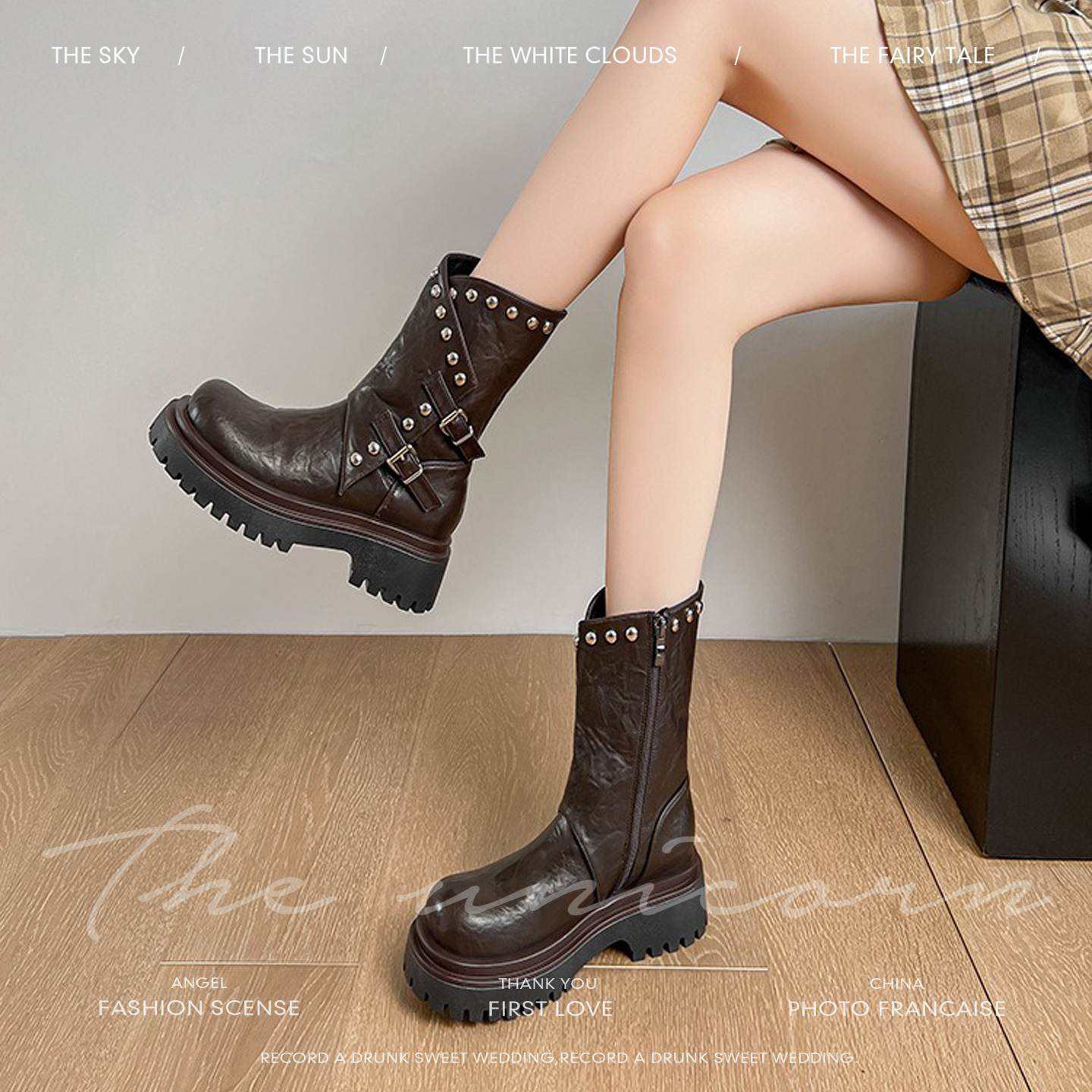 厚底高跟2025年秋冬季新款潮酷中筒靴女擦色复古欧美风铆钉机车靴
