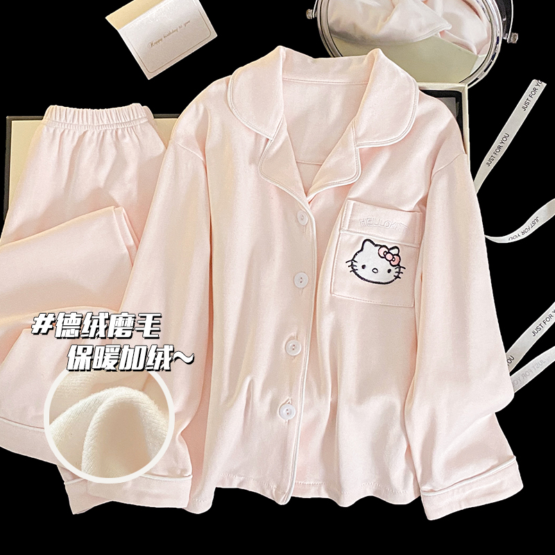 德绒儿童睡衣秋冬季HelloKitty长袖2025新款女童加厚小女孩家居服