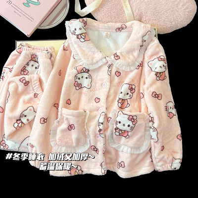 2025新款睡衣女款秋冬季HelloKitty珊瑚绒加绒加厚款法兰绒家居服