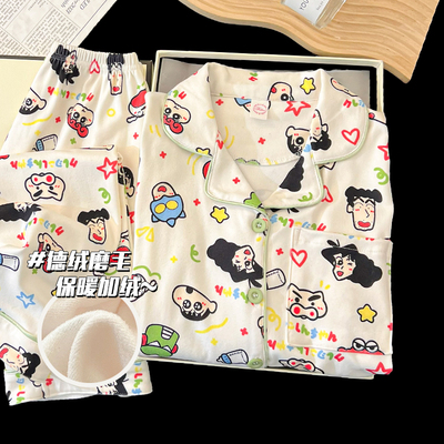 2025新款蜡笔小新男童德绒加厚儿童睡衣长袖男童卡通秋冬季家居服