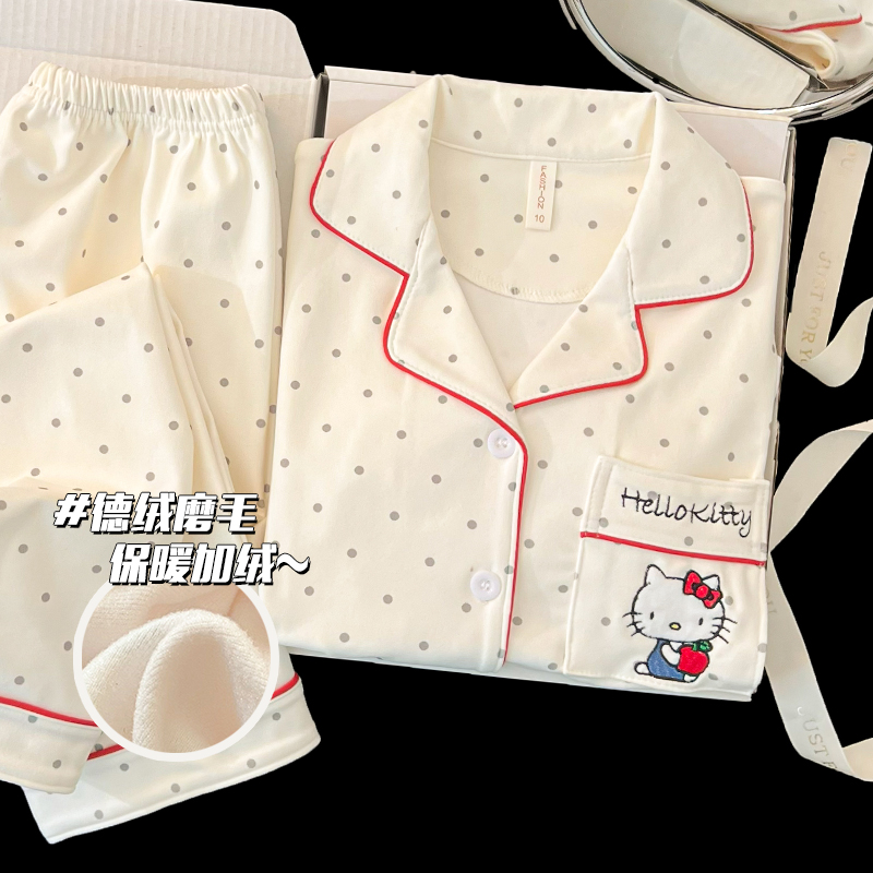 德绒加厚秋冬季儿童睡衣女波点HelloKitty长袖2025新款女童家居服