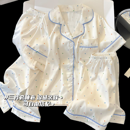 冰丝儿童睡衣女童夏季彩色波点短袖三件套小女孩奶乎乎家居服套装