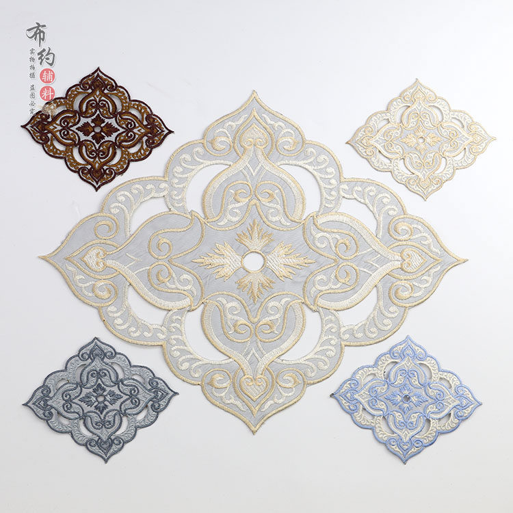 图腾窗帘抱枕古风花纹刺绣贴花菱形形花腰花沙发家居布艺被套装饰