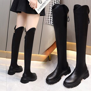 过膝长筒靴女2024年新款秋冬加绒厚底真皮显瘦弹力瘦瘦靴长筒靴子