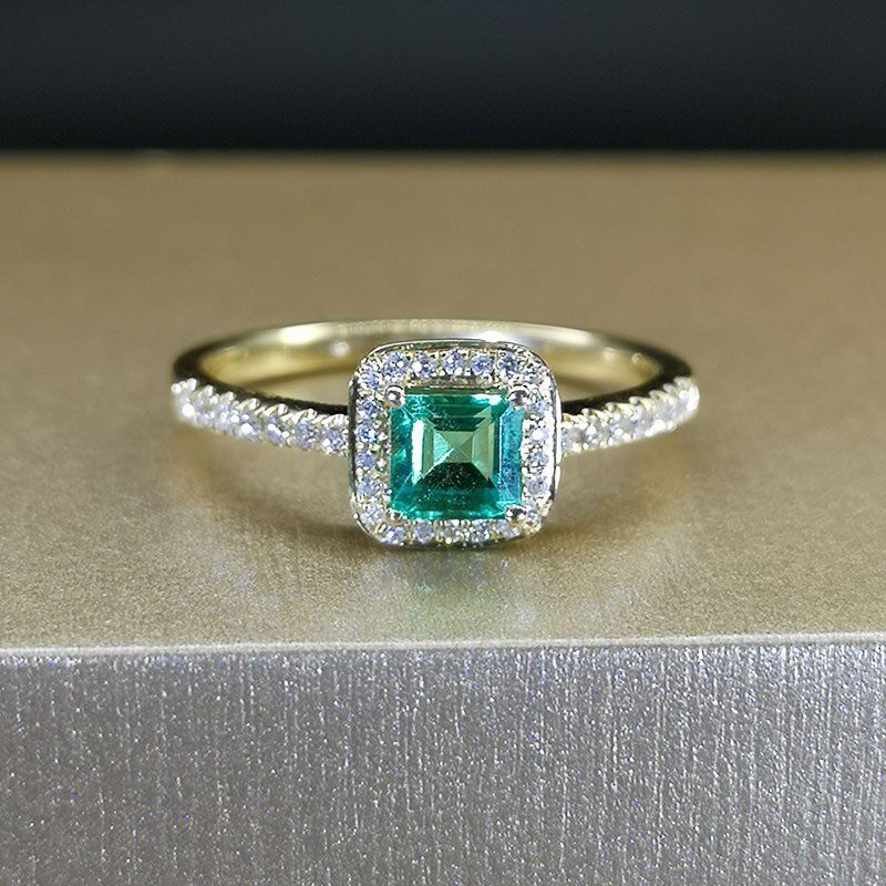 18K金绿色碧玺戒指女 黄金色别致公主方形钻石戒指 结婚纪念礼物