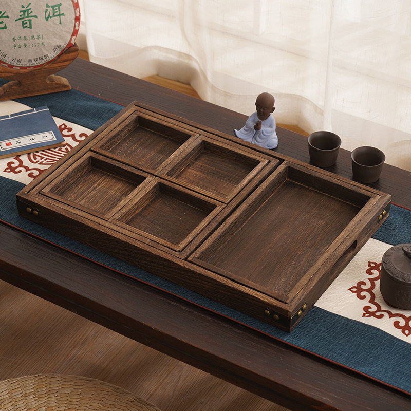 围炉煮茶日式复古茶盘托盘李子柒同款七件套茶点干果盘桐木烧色盘