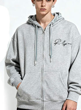 REAL SPACE复古原创慵懒抽绳灰色设计连帽卫衣男学生秋季开衫外套