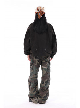 MAOQIAOYI潮牌设计解构拼接短款牛仔夹克男街头美式休闲水洗外套