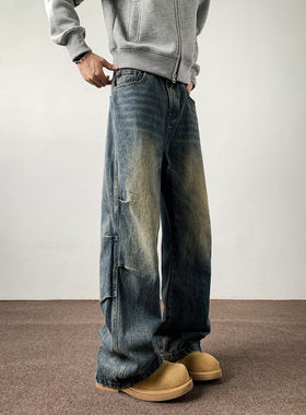 PUBIE秋季美式牛仔裤男秋新款美式水洗做旧褶皱裤痞帅宽松直筒裤