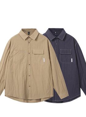 YANSANXIA复古日系撞色辑明线长袖衬衫男春潮牌宽松工装休闲衬衣