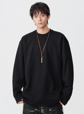 ins潮牌拼接圆领长袖男款百搭纯色打底衫美式重磅宽松美拉德上衣