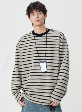 春秋宽松条纹长袖t恤男士高端圆领打底衫oversize松弛感提花上衣