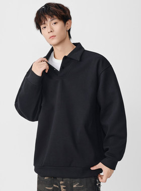 重磅polo领卫衣男美式纯色宽松套头长袖t恤轻奢高级感翻领上衣秋