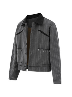 FORN3 2025秋季日系条纹铆钉撞色领夹克潮流情侣口袋休闲外套