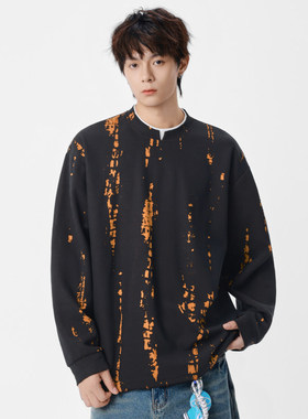 提花长袖t恤男2025新款秋季圆领时尚打底衫设计感拼色假两件卫衣