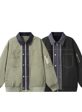 YANSANXIA拼接牛仔翻领夹克男秋季痞帅设计感宽松休闲飞行外套
