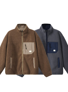 YANSANXIA潮牌复古羊羔绒拼接立领夹克男日系宽松休闲百搭外套