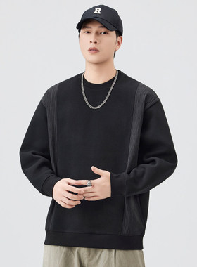 圆领卫衣男春秋季新款套头拼接宽松打底衫日系复古潮流情侣款