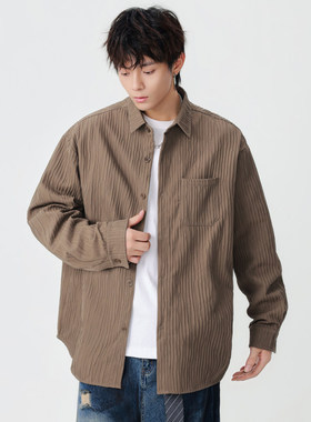 复古竖条纹口袋衬衫男日系宽松百搭潮牌长袖衬衫休闲上衣外套男