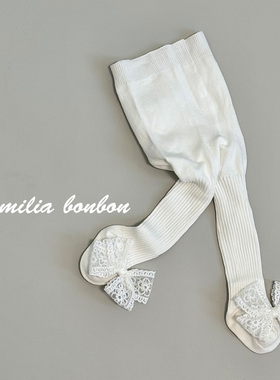 韩版婴儿打底裤黑色春秋女宝宝公主白色蕾丝蝴蝶结儿童外穿连脚袜